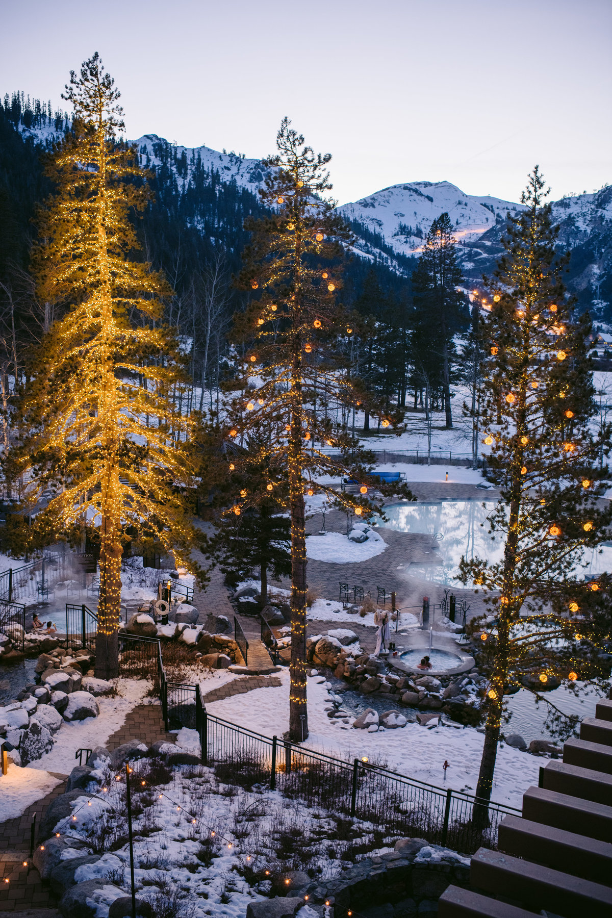 Lake Tahoe Wedding Planners winter wedding view of  trees and lights in snow at venue The Resort at Squaw Creek, Lake Tahoe, Joy of Life Events image by Charleston Churchill