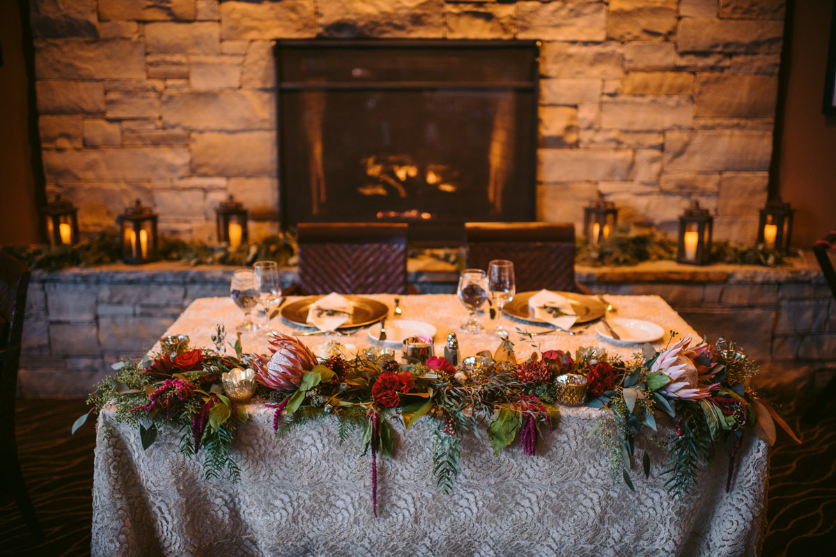 Lake Tahoe Wedding Planners sweetheart table La Tavola Mika Champagne linen at venue The Resort at Squaw Creek, Lake Tahoe, Joy of Life Events image by Charleston Churchill